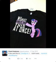 Size: 520x572 | Tagged: safe, twilight sparkle, g4, clothes, for science, grant imahara, kari byron, meta, t-shirt, text, twitter