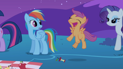 Size: 1366x768 | Tagged: safe, screencap, rainbow dash, rarity, scootaloo, twilight sparkle, g4, owl's well that ends well, face