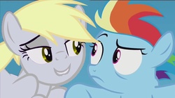 Size: 1136x640 | Tagged: safe, edit, edited screencap, screencap, derpy hooves, rainbow dash, pegasus, pony, g4, the cutie re-mark, creepy face, female, filly rainbow dash, mare, this will end in timeline distortion, twilest dashle