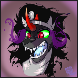 Size: 750x750 | Tagged: safe, artist:conmanwolf, king sombra, pony, unicorn, g4, blue tongue, bust, evil, fangs, male, open mouth, portrait, solo, stallion