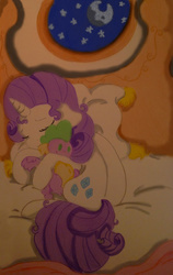 Size: 1210x1920 | Tagged: safe, artist:thorinstrawberry, rarity, spike, g4, bedroom, cute, plushie, sleeping, spike plushie, traditional art