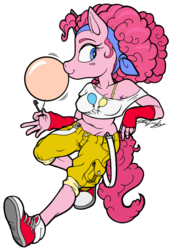 Size: 600x866 | Tagged: safe, artist:molochtdl, pinkie pie, earth pony, anthro, g4, bubblegum, clothes, converse, female, food, pin, shoes, simple background, solo, transparent background