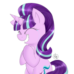 Size: 1600x1600 | Tagged: safe, artist:notenoughapples, starlight glimmer, pony, unicorn, g4, bipedal, crying, eyes closed, female, grin, happy, mare, simple background, smiling, solo, tears of joy, transparent background