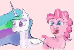 Size: 1220x834 | Tagged: safe, artist:post-it, pinkie pie, princess celestia, g4, colored sketch, sketch, smiling