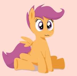 Size: 686x674 | Tagged: safe, artist:i_luv_scootaloo, scootaloo, pegasus, pony, g4, female, filly, looking at you, pink background, simple background, sitting, solo, spread wings, wings