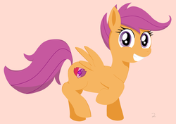 Size: 1242x875 | Tagged: safe, artist:i_luv_scootaloo, scootaloo, pegasus, pony, crusaders of the lost mark, g4, cutie mark, female, filly, looking at you, pink background, raised hoof, simple background, smiling, solo, spread wings, the cmc's cutie marks, wings