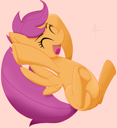 Size: 745x811 | Tagged: safe, artist:i_luv_scootaloo, scootaloo, pegasus, pony, g4, eyes closed, female, filly, open mouth, pink background, simple background, solo, spread wings, underhoof, wings