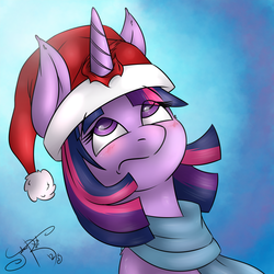 Size: 3500x3500 | Tagged: safe, artist:jorobro, twilight sparkle, g4, bust, clothes, colored pupils, female, frown, hat, high res, horn, horn impalement, santa hat, scarf, solo