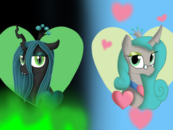 Size: 1024x768 | Tagged: safe, artist:nevera573, queen chrysalis, changeling, changeling queen, g4, crown, duality, fangs, female, glasses, jewelry, mirror universe, necklace, regalia, reversalis