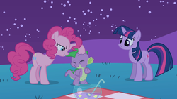 Size: 1366x768 | Tagged: safe, screencap, pinkie pie, spike, twilight sparkle, g4, owl's well that ends well, spikelove