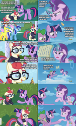 Size: 1276x2109 | Tagged: safe, lemon hearts, minuette, moondancer, spike, starlight glimmer, twilight sparkle, twinkleshine, alicorn, pony, amending fences, g4, the cutie re-mark, comparison, female, mare, twilight sparkle (alicorn)