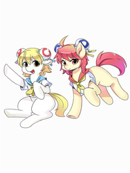 Size: 600x800 | Tagged: safe, artist:shepherd0821, oc, oc only, earth pony, pony, acfun, ahoge, clothes, double buns, duo, looking at you, odango, open mouth, open smile, running, sailor uniform, sitting, smiling, smiling at you, uniform