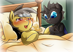 Size: 1500x1061 | Tagged: safe, artist:vavacung, daring do, changeling, comic:changeling-scout, g4, bed, blushing, caring for the sick, cute, holding hooves, lying down, lying on bed, on bed, sick
