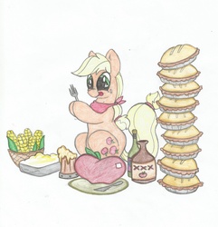 Size: 2331x2416 | Tagged: safe, applejack, g4, colored pencil drawing, female, food, high res, pie, solo, traditional art