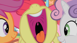 Size: 852x480 | Tagged: safe, screencap, apple bloom, scootaloo, sweetie belle, earth pony, pony, g4, stare master, cutie mark crusaders, esophagus, mawshot, nose in the air, open mouth, uvula, volumetric mouth