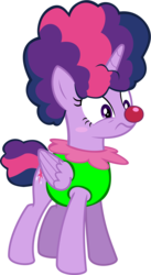 Size: 1983x3631 | Tagged: dead source, safe, artist:megarainbowdash2000, twilight sparkle, alicorn, pony, g4, the cutie re-mark, afro, alternate timeline, chaotic timeline, clown, clown nose, female, folded wings, frown, full body, high res, hooves, horn, mare, red nose, simple background, solo, standing, transparent background, twilight sparkle (alicorn), twily the clown, vector, wings