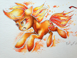Size: 3264x2448 | Tagged: safe, artist:yellowrobin, applejack, g4, female, fire, gritted teeth, high res, loose hair, rage, running, solo, traditional art, watercolor painting