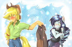 Size: 3199x2126 | Tagged: safe, artist:thegreatrouge, applejack, coloratura, anthro, g4, the mane attraction, belt, blushing, clothes, coat, cold, cowboy hat, female, hat, high res, lesbian, pants, rara, ship:rarajack, shipping, shivering, stetson, winter, winter coat, winter outfit