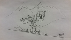 Size: 5312x2988 | Tagged: safe, artist:parclytaxel, oc, oc only, oc:parcly taxel, alicorn, pony, alicorn oc, beanie, goggles, hat, lineart, monochrome, mountain, mountain range, parcly in south korea, pencil drawing, pyeongchang, skiing, skis, snow, solo, south korea, story included, traditional art
