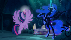 Size: 1920x1080 | Tagged: safe, screencap, nightmare moon, twilight sparkle, alicorn, pony, g4, the cutie re-mark, alternate timeline, bared teeth, ears back, ethereal hair, ethereal mane, ethereal tail, everfree forest, fangs, female, glowing, glowing horn, helmet, hoof shoes, horn, jewelry, magic, mare, night, nightmare takeover timeline, peytral, rearing, regalia, sharp teeth, slit pupils, spread wings, starry mane, tail, teeth, twilight sparkle (alicorn), wings