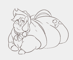 Size: 464x383 | Tagged: safe, artist:mellowhen, applejack, earth pony, pony, g4, applefat, clothes, coat, double chin, fat, female, mare, monochrome, morbidly obese, obese, rolls of fat, scarf, simple background, sketch, solo, white background, winter outfit