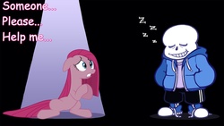 Size: 1920x1080 | Tagged: safe, pinkie pie, earth pony, pony, fanfic:cupcakes, g4, bad end, comic sans, crossover, female, good end, image macro, mare, meme, peril, photoshop, pinkamena diane pie, sans (undertale), spoilers for another series, time stop, undertale