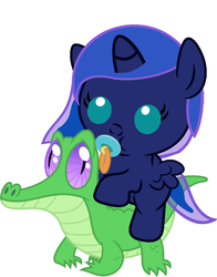 Size: 796x1017 | Tagged: safe, artist:red4567, gummy, princess luna, pony, g4, baby, baby pony, cute, filly, luna riding gummy, lunabetes, pacifier, ponies riding gators, recolor, riding, simple background, weapons-grade cute, woona