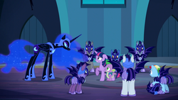 Size: 1920x1080 | Tagged: safe, screencap, ever dusk, ink eclipse, moody blue, moonmist, nightmare moon, rainbow dash, spike, toxicwind, twilight sparkle, alicorn, bat pony, dragon, pony, g4, the cutie re-mark, alternate timeline, armor, backpack, castle of the royal pony sisters, chestplate, colored eyelashes, ears back, ethereal hair, ethereal mane, ethereal tail, eye contact, eyeshadow, female, floppy ears, folded wings, frown, glare, gritted teeth, helmet, hoof shoes, horn, jewelry, makeup, male, mare, night guard, night guard dash, nightmare takeover timeline, peytral, raised hoof, regalia, royal guard, slit pupils, spread wings, stallion, starry hair, starry mane, starry tail, tail, twilight sparkle (alicorn), wide eyes, wings