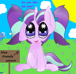 Size: 1018x995 | Tagged: safe, artist:loryplay, starlight glimmer, trixie, pony, unicorn, g4, bronybait, cute, female, filly, filly starlight glimmer, glimmerbetes, mare, sign, solo, starry eyes, sun, wingding eyes, younger