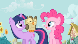Size: 1366x768 | Tagged: safe, screencap, owlowiscious, pinkie pie, twilight sparkle, g4, owl's well that ends well