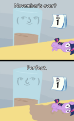 Size: 498x820 | Tagged: safe, twilight sparkle, g4, calendar, caption, chocolate, chocolate milk, exploitable meme, food, le lenny face, meme, milk, no nut november, pure unfiltered evil, spilled milk