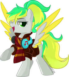 Size: 1593x1786 | Tagged: safe, artist:xwhitedreamsx, oc, oc only, oc:natural disaster, pegasus, pony, clothes, female, green eyes, headphones, jacket, looking at you, mare, open mouth, ponytail, scarf, simple background, solo, spread wings, transparent background