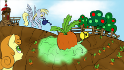 Size: 1248x702 | Tagged: safe, artist:rubrony, carrot top, derpy hooves, golden harvest, pegasus, pony, g4, carrot, carrot house, female, mare, mouth hold, radioactive, radioactive waste, watering can