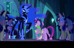 Size: 960x630 | Tagged: safe, edit, screencap, ever dusk, moody blue, moonmist, nightmare moon, spike, toxicwind, twilight sparkle, alicorn, bat pony, pony, g4, the cutie re-mark, alternate timeline, animated, banner, caption, female, mare, night guard, nightmare takeover timeline, spread wings, stomping, subtitles, text, torch, twilight sparkle (alicorn)
