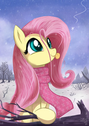 Size: 778x1100 | Tagged: safe, artist:fidzfox, fluttershy, pegasus, pony, g4, clothes, cute, female, looking at something, looking up, scarf, shyabetes, snow, snowfall, snowflake, solo, tongue out, winter
