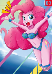 Size: 739x1055 | Tagged: safe, artist:the-butch-x, pinkie pie, equestria girls, armpits, bandeau, beach, beach babe, belly button, bikini, bikini babe, blue swimsuit, bracelet, breasts, busty pinkie pie, cleavage, clothes, cute, cutie mark, cutie mark on equestria girl, diapinkes, female, frilled swimsuit, garter, garters, jumping, looking at you, ocean, open mouth, polka dot swimsuit, sexy, signature, smiling, solo, swimsuit, water, wet, wristband, x summer, x summer rework