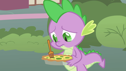 Size: 1366x768 | Tagged: safe, screencap, spike, dragon, g4, owl's well that ends well, bush, food, fork, male, pastry, quiche, solo