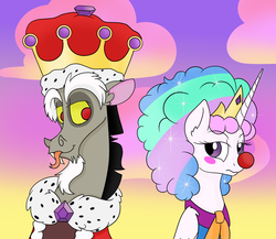 Size: 1500x1300 | Tagged: safe, artist:pigzfairy, discord, princess celestia, g4, the cutie re-mark, alternate timeline, chaotic timeline, clown, clown celestia, female, king discord, male, ship:dislestia, shipping, straight