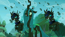 Size: 1600x900 | Tagged: safe, screencap, queen chrysalis, changeling, changeling queen, g4, the cutie re-mark, alternate timeline, armor, changeling officer, chrysalis resistance timeline, female, flying
