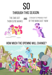 Size: 900x1296 | Tagged: safe, apple bloom, applejack, big macintosh, fluttershy, granny smith, mayor mare, photo finish, pinkie pie, rainbow dash, rarity, scootaloo, spike, starlight glimmer, sweetie belle, twilight sparkle, zecora, alicorn, pony, zebra, g4, the cutie re-mark, cutie mark crusaders, female, intro, mane six, mare, twilight sparkle (alicorn)