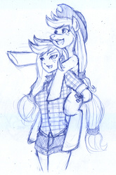 Size: 1380x2097 | Tagged: safe, artist:alexdemitri, applejack, human, pony, g4, duo, female, human ponidox, humanized, monochrome, piggyback ride, ponies riding humans, riding, self riding, simple background, traditional art