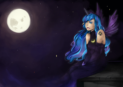 Size: 1953x1388 | Tagged: safe, artist:larynth, princess luna, human, g4, clothes, dress, female, horn, horned humanization, humanized, moon, night, solo, winged humanization