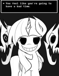 Size: 2500x3200 | Tagged: safe, artist:freefraq, twilight sparkle, alicorn, pony, g4, bad time, black sclera, crossover, empty eyes, female, gaster blaster, grin, high res, looking at you, mare, sans (undertale), smiling, solo, spoilers for another series, twilight sparkle (alicorn), undertale