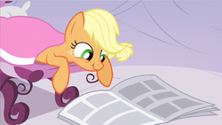 Size: 1280x720 | Tagged: safe, screencap, applejack, earth pony, pony, g4, ponyville confidential, newspaper, nose wrinkle, reading, scrunchy face, silly, silly pony