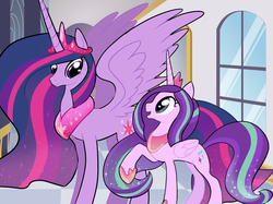 Size: 1892x1416 | Tagged: safe, artist:lytschi, starlight glimmer, twilight sparkle, alicorn, pony, g4, alicornified, backwards cutie mark, duo, ethereal mane, female, gradient mane, looking at each other, looking at someone, mare, older, older twilight, princess starlight glimmer, race swap, raised hoof, smiling, spread wings, starlicorn, starry mane, twilight sparkle (alicorn), ultimate twilight, wings