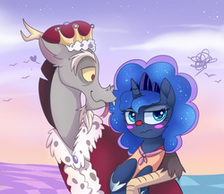 Size: 1024x886 | Tagged: safe, artist:elementalokami, discord, princess luna, alicorn, draconequus, pony, g4, the cutie re-mark, alternate timeline, blush sticker, blushing, cape, chaotic timeline, clothes, clown, clown luna, crown, discorded landscape, embarrassed, female, heart, king discord, male, mare, ship:lunacord, shipping, straight, tongue out
