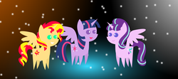 Size: 4503x2000 | Tagged: safe, artist:jackspade2012, starlight glimmer, sunset shimmer, twilight sparkle, alicorn, pony, g4, alicornified, counterparts, cute, magical trio, pointy ponies, race swap, s5 starlight, shimmercorn, smiling, starlicorn, trio, twilight sparkle (alicorn), twilight's counterparts