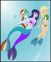 Size: 2683x3296 | Tagged: safe, artist:physicrodrigo, part of a set, applejack, rainbow dash, twilight sparkle, angler fish, mermaid, series:equestria mermaids, equestria girls, g4, armband, bandeau, belly button, blue underwear, bubble, clothes, earfins, flippers (gear), gills, high res, mermaidized, midriff, ocean, panties, part of a series, pearl, species swap, story included, submarine, underwater, underwear, webbed fingers