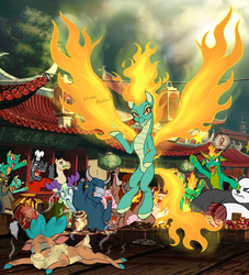 Size: 1500x1650 | Tagged: safe, artist:lemon, tianhuo (tfh), velvet (tfh), oc, bull, camel, cow, deer, diamond dog, ghost, longma, panda, pig, reindeer, rhinoceros, yak, them's fightin' herds, bruised, burnt, chef's hat, chinatown, cloven hooves, community related, crying, epic, female, fight, fire, flying, hat, king of fighters, kyo kusanagi, mane of fire, smoke, tears of joy, toasted, udder