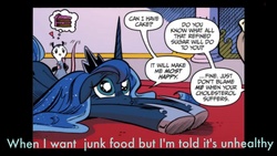 Size: 2001x1125 | Tagged: safe, kibitz, princess luna, tiberius, g4, spoiler:comic, cake, food, puppy dog eyes